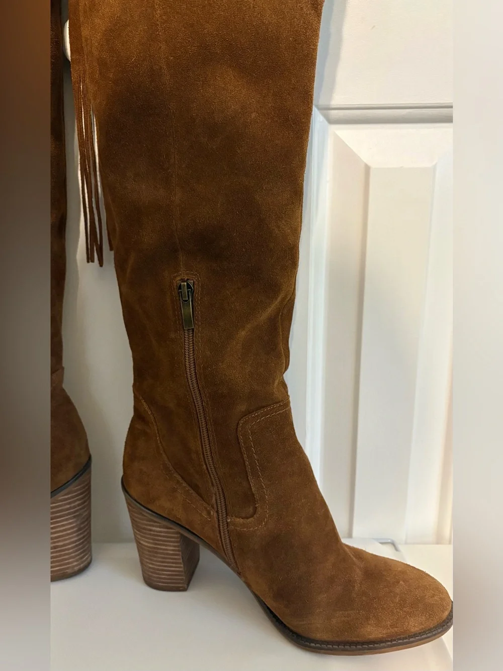 FRANCO SARTO, Brown Suede “Elnora” Tall Over-the-Knee Boots with Fringe Tassel